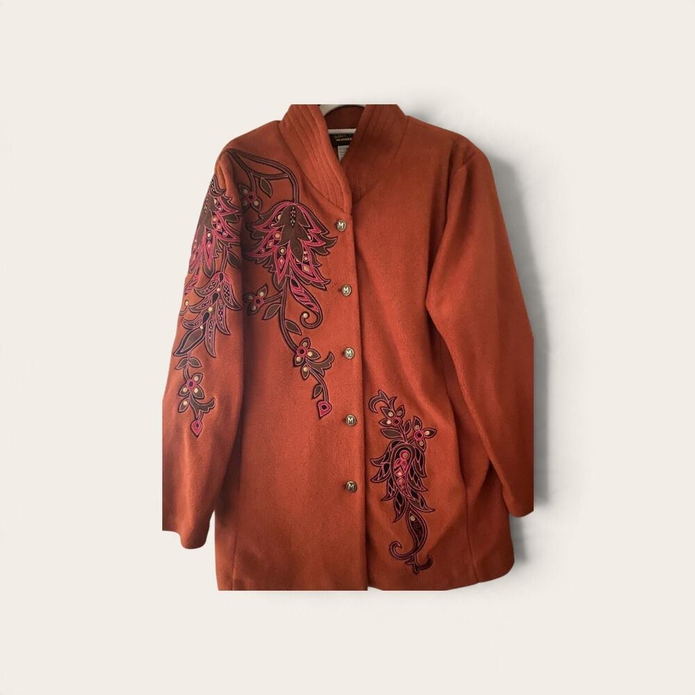 Bob Mackie Wearable Art Embroidered Fleece Jacket Orange Large